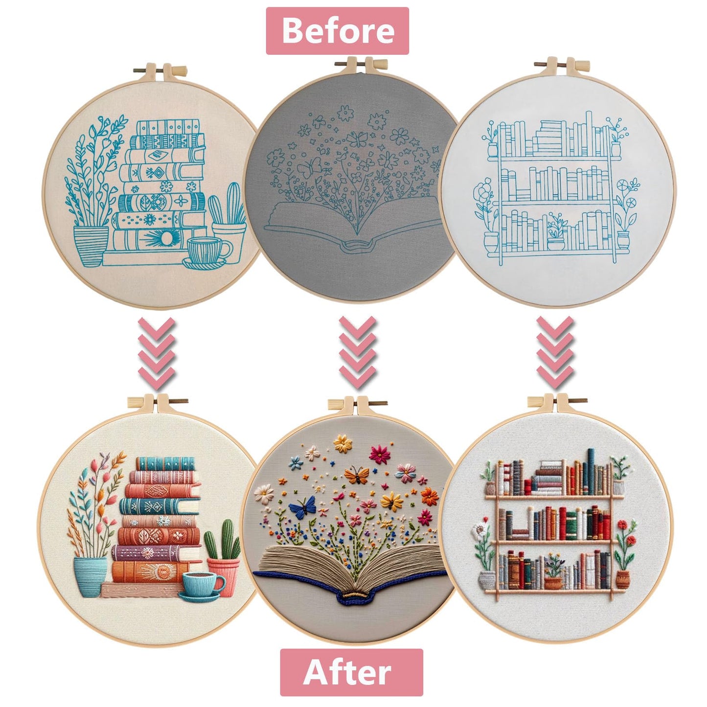 Embroidery Kit for Adults, Pre-Stamped Pattern Embroidery Kit for Beginners, Needlepoint Starter Kit with Hoop Thread Needle Instruction, 7.9'' Hoop (Book Lover 3 Packs)
