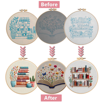 Embroidery Kit for Adults, Pre-Stamped Pattern Embroidery Kit for Beginners, Needlepoint Starter Kit with Hoop Thread Needle Instruction, 7.9'' Hoop (Book Lover 3 Packs)