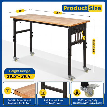 70-Inch Height Adjustable Workbench with Power Outlets, Solid Rubber Wood Top Heavy Duty Garage Tool Table, Workstation with Pegboard, Hooks and Ruler