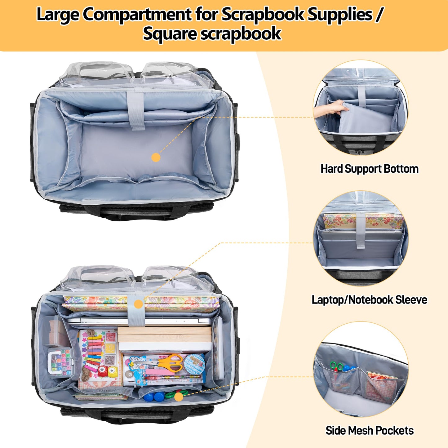 Trunab Rolling Scrapbook Tote with Expandable File Pocket, Large Craft Organizer and Storage Bag with Detachable Trolley and Bottom Support Panel for Scrapbooking Supplies and Art Tools, Grey
