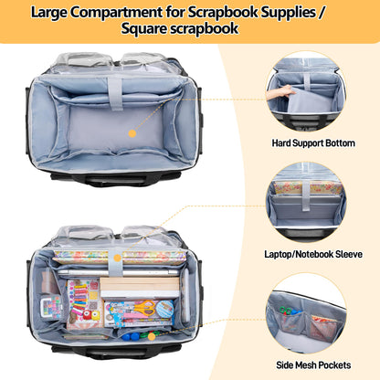 Trunab Rolling Scrapbook Tote with Expandable File Pocket, Large Craft Organizer and Storage Bag with Detachable Trolley and Bottom Support Panel for Scrapbooking Supplies and Art Tools, Grey