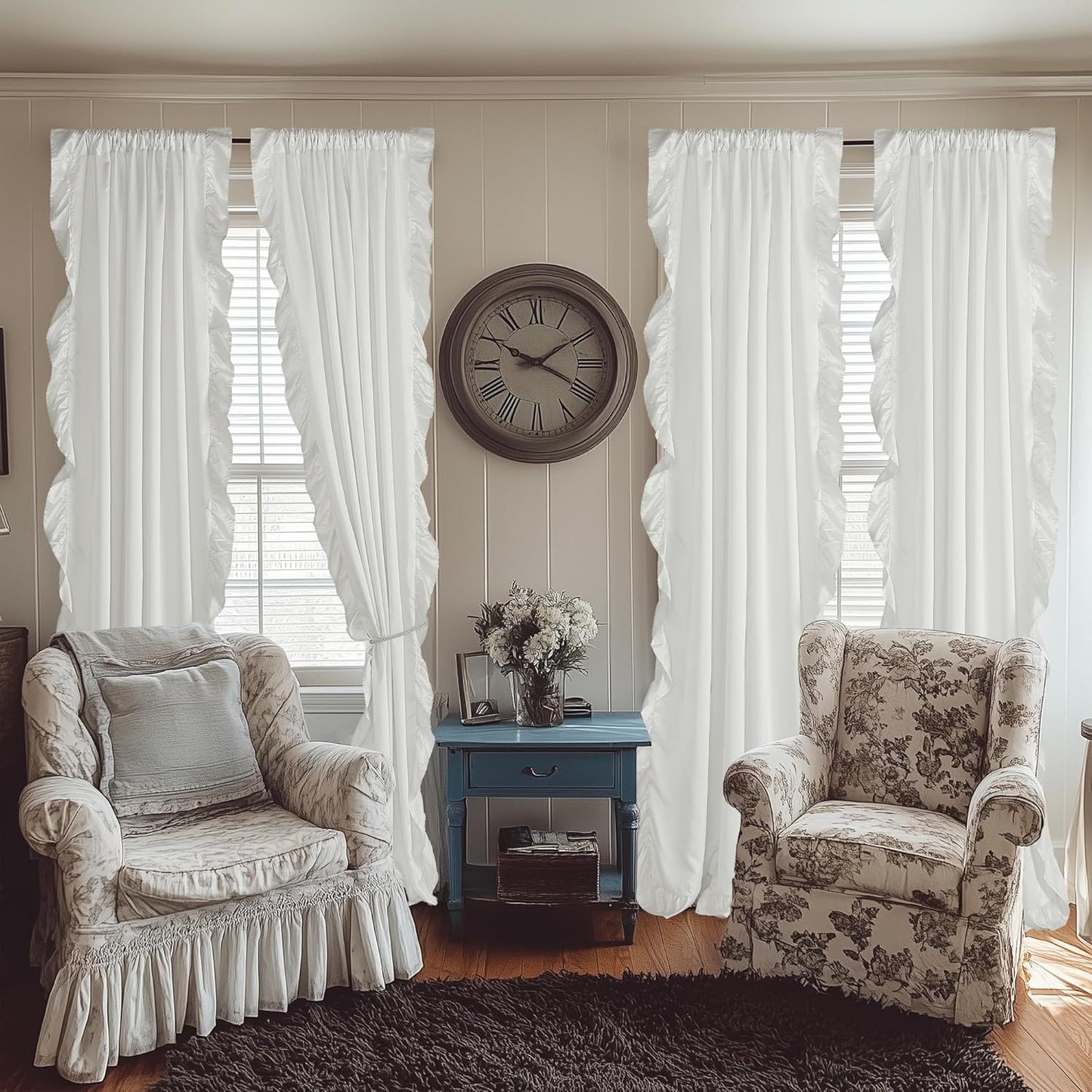W52 L90, 2 StangH White Ruffle Curtains for Living Room, Luxurious Sheer Light Filtering Panels, Perfect for Holiday