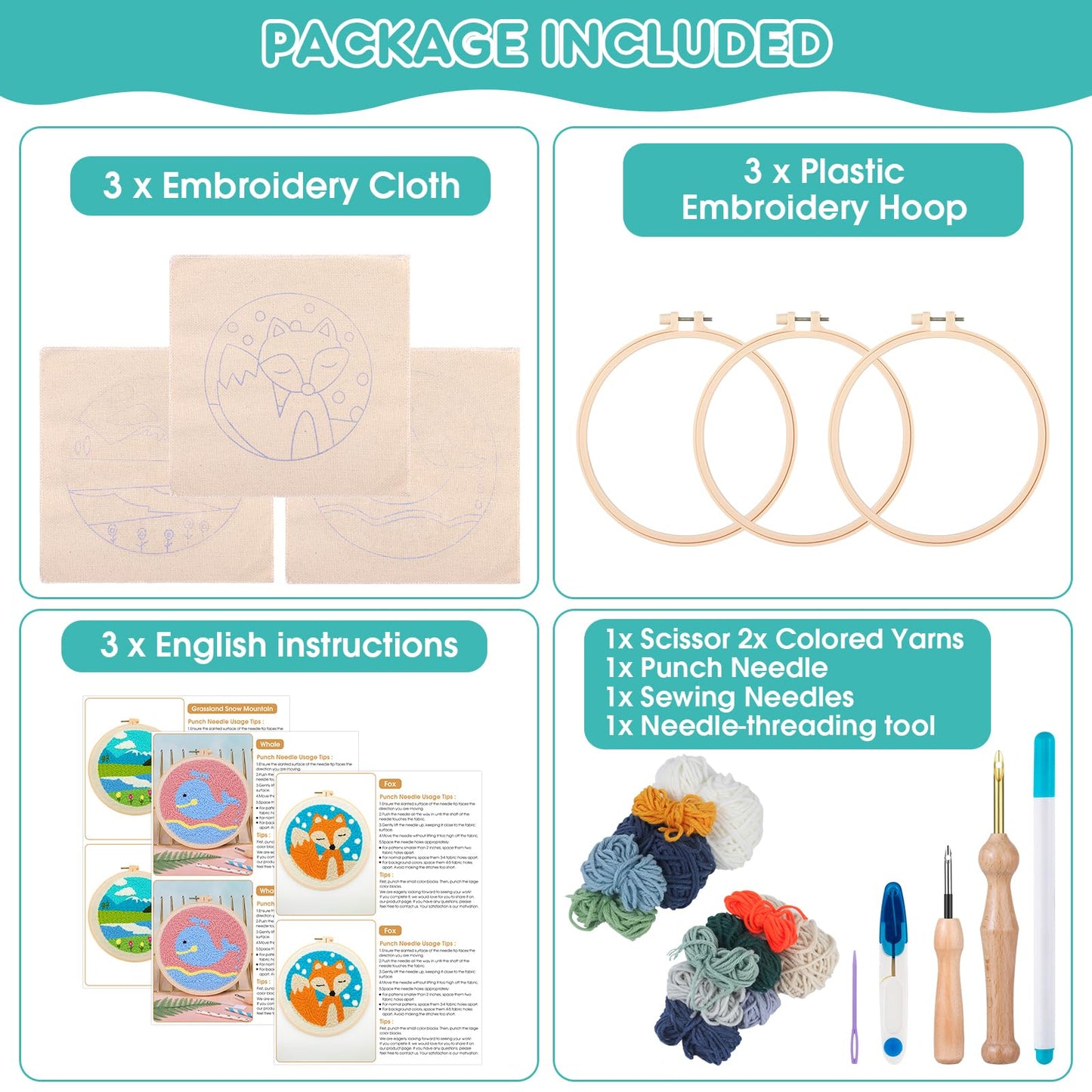 Zuaooz 3 Sets Punch Needle Kits,Whale Rainbow River Punch Embroidery Kits for Adults Beginner, Tool with Punch Needle Fabric, Hoops, Yarns and Sewing Needles