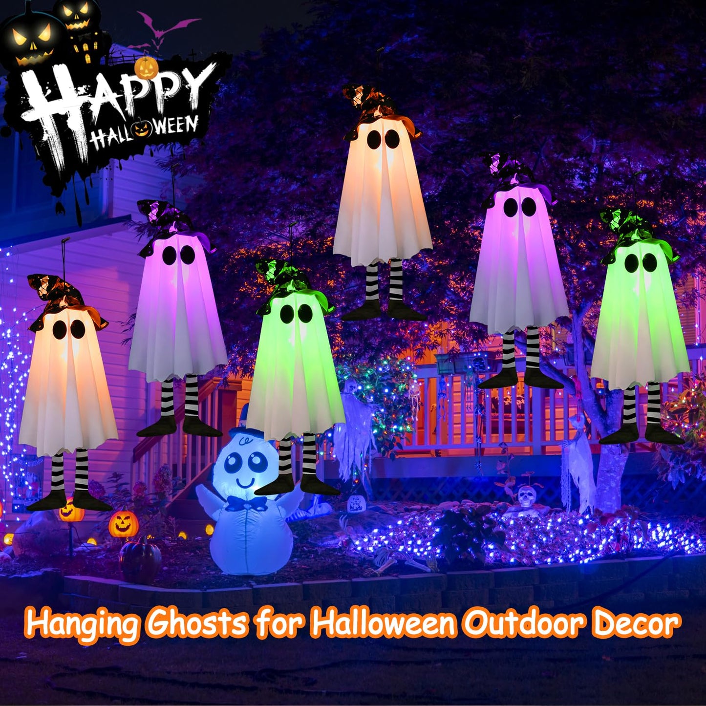 3 Pack Halloween Hanging Ghosts Halloween Decorations Outdoor, Lighted Glowing Ghost Witch Hat with Orange Purple Green Lights, Ghost Scary Outside Decor for Party Home Yard Tree Garden