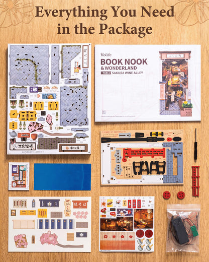 Rolife Book Nook Kit Sakura Wine Alley, 3D Wooden Puzzle Booknook for Bookshelf Decor, Japanese-Inspired Sakura Theme Creative DIY Miniature Dollhouse Kit, Crafts Gifts for Adults, Teens & Book Lovers