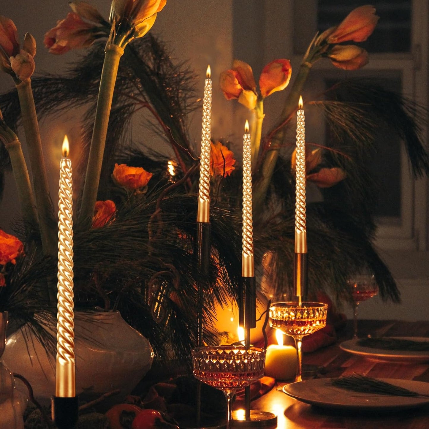 10 Inch Taper Candle Set of 12 - Long Burning Tapered Candles for Dinner Party, Wedding, Halloween (Gold)