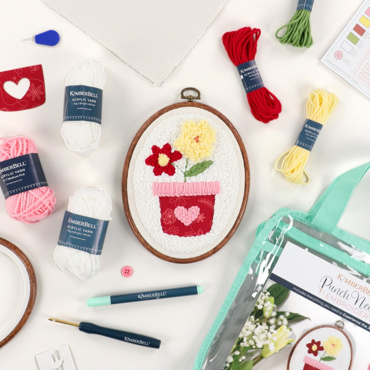 Kimberbell Punch Needle Kit – Love Blooms - Complete DIY Punch Needle Set with Tool, Monks Cloth, Yarn, Frame, Embelishments & Reusable Project Bag | Beginner-Friendly DIY Needle Punching Craft