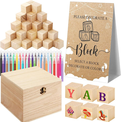 136 98 36 1 1 Marsui Pcs Baby Shower Blocks to Decorate Game Kit Includes Wooden Blocks, Markers, Game Sign, Storage