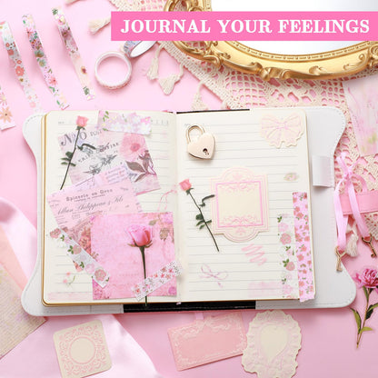 Janlaugh DIY Journal Diary with Lock Set Scrapbook Kit Stationary Diary Supplies Art Crafts Kit for Birthday Holidays Ideal Gifts for Women Teen Girls(Pink,Classic)