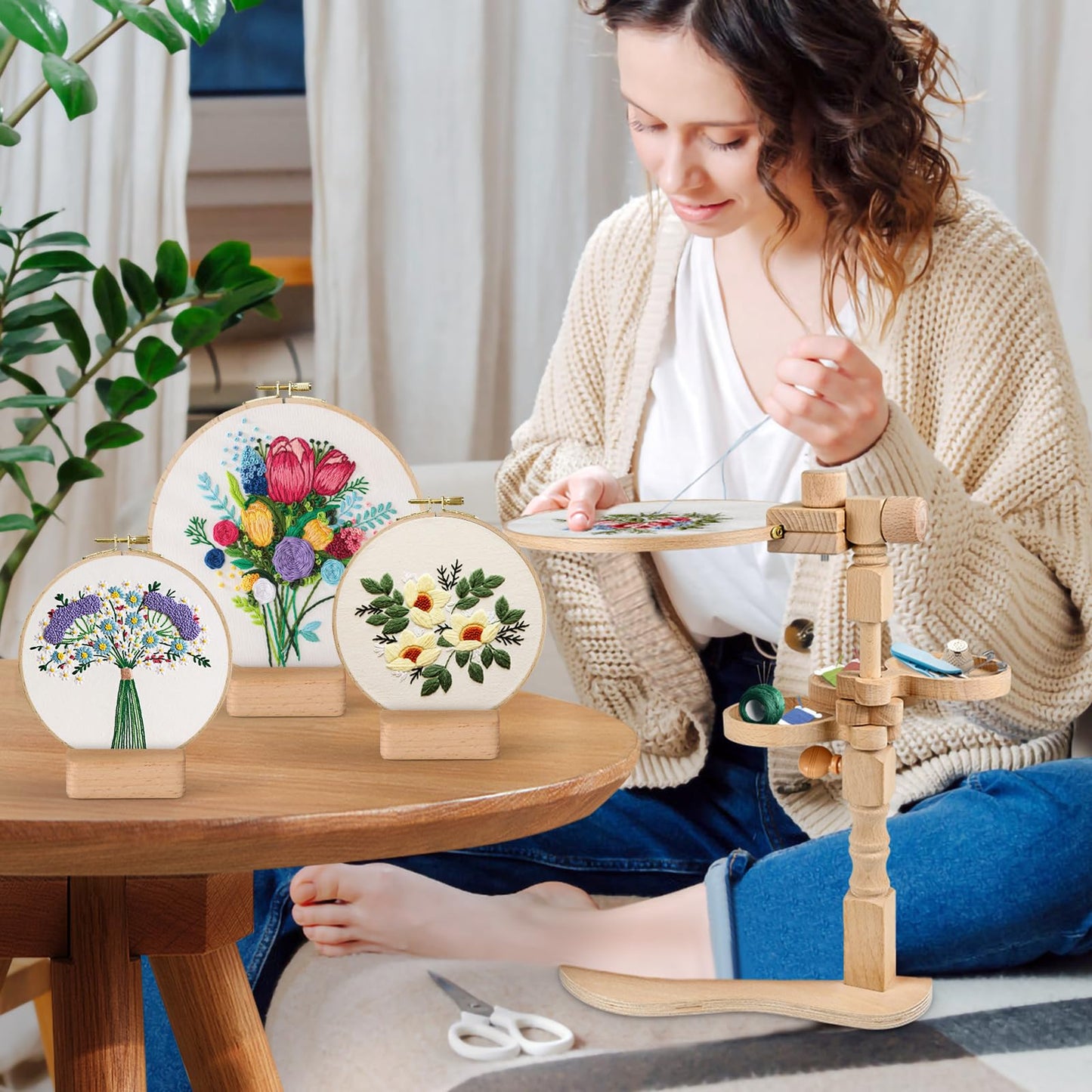 embhand Embroidery Hoop Stand Adjustable - Rotated Embroidery Frame Stand with 6'' 8'' Embroidery Hoops and 3pcs Bowls for Needlework Supplies, Embroidery Hoop Holder, Embroidery Stands for Hand Work