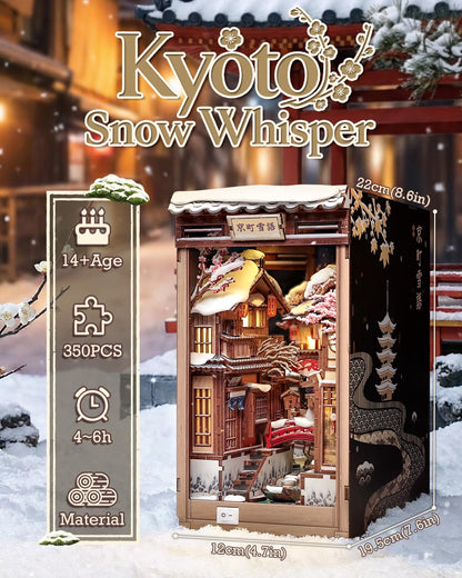CUTEBEE Book Nook Kit - Japanese Style DIY Miniature Winter House, LED Light Bookshelf Decor Alley Dollhouse for Adults Teens, Gifts for Family (Kyoto Snow Whisper)