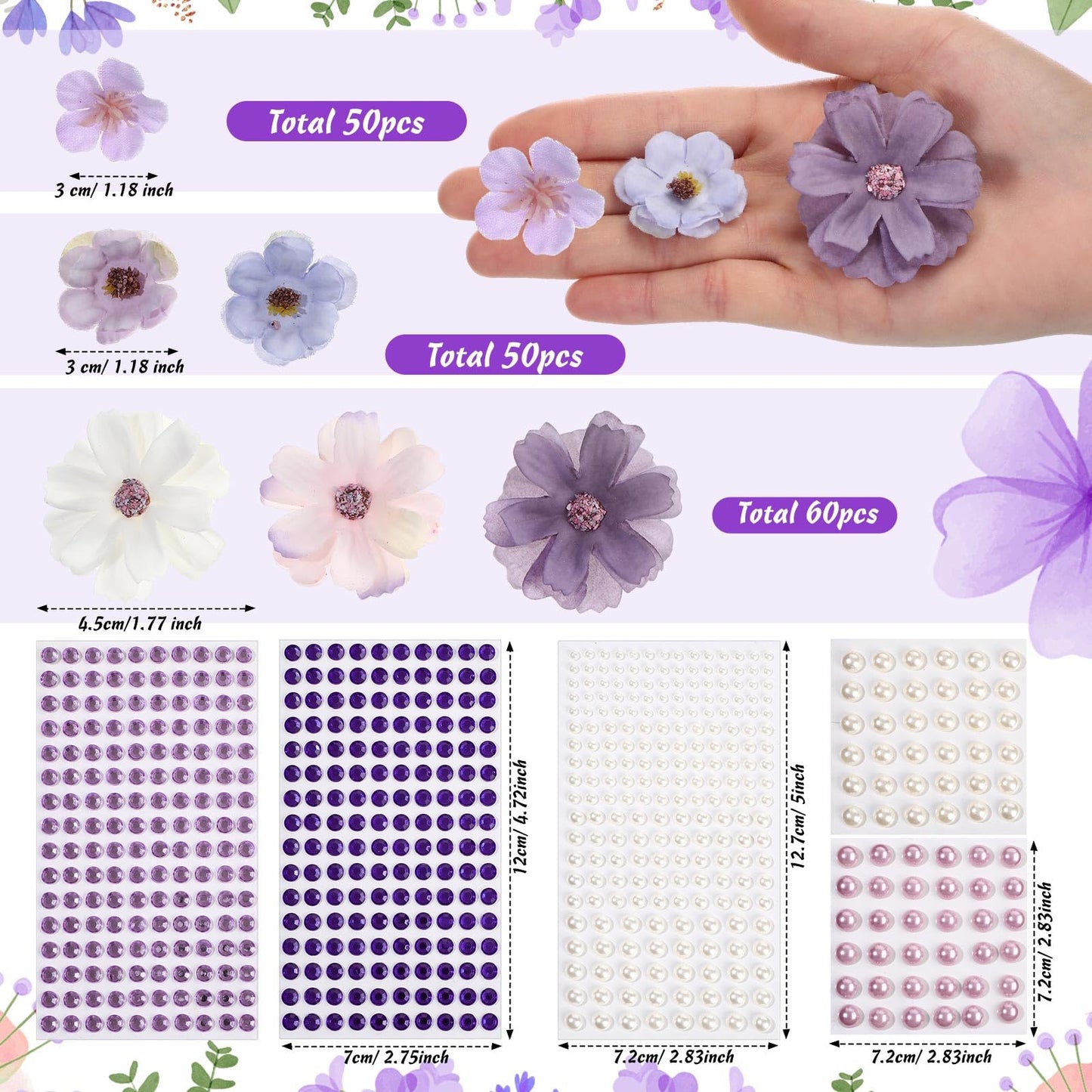 Giegxin DIY Graduation Cap Decorations Kit - 160 Mini Faux Flower Heads & 6 Pearl Rhinestone Stickers, Artificial Fabric Flowers for DIY Grad Hat Topper, Wedding Garland & Crafts(Purple Series)