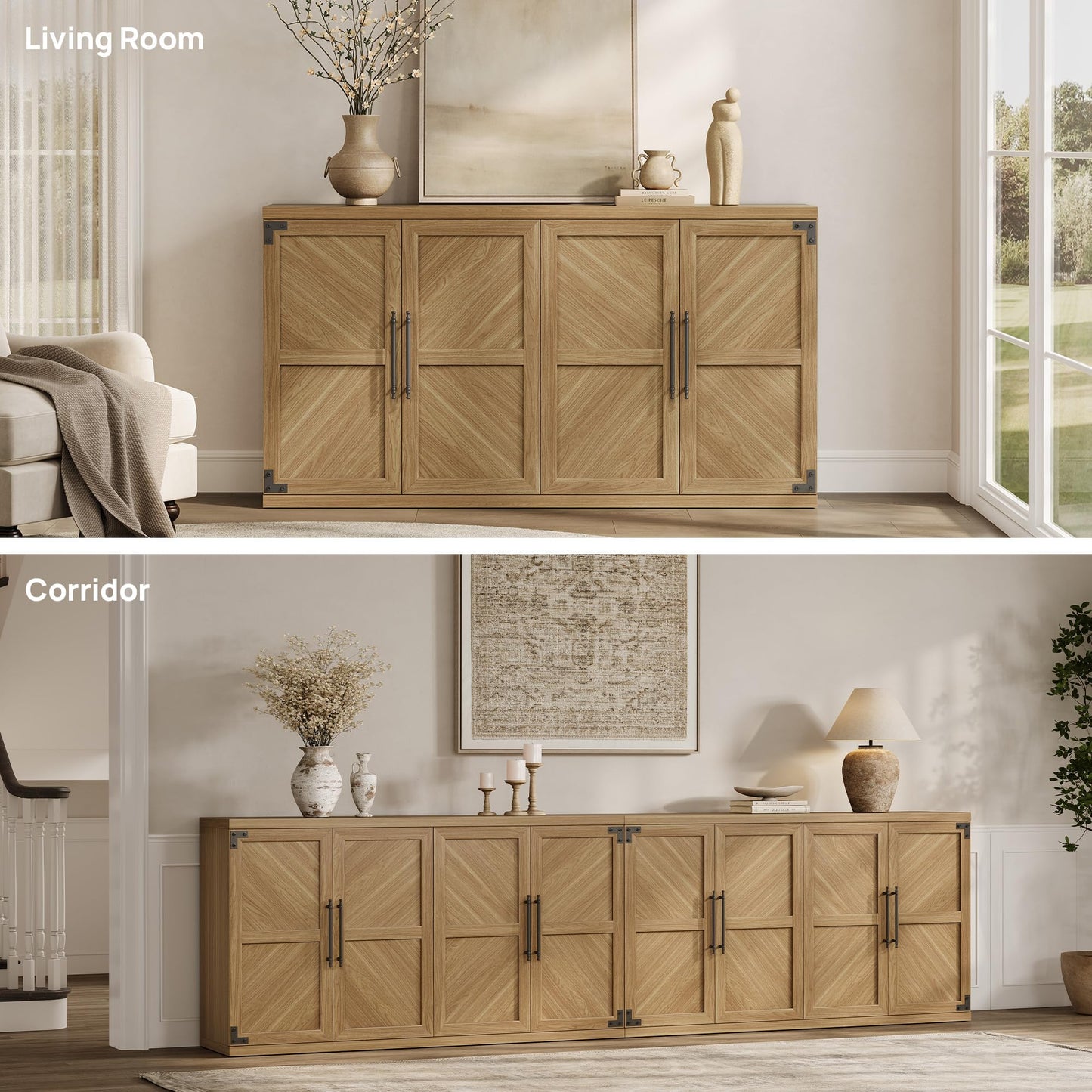 SICOTAS Buffet Cabinet with 4 Doors, Modern Sideboard Cabinet with Storage and Adjustable Shelves, Large Credenza Storage Cabinet (1, Oak Brown)