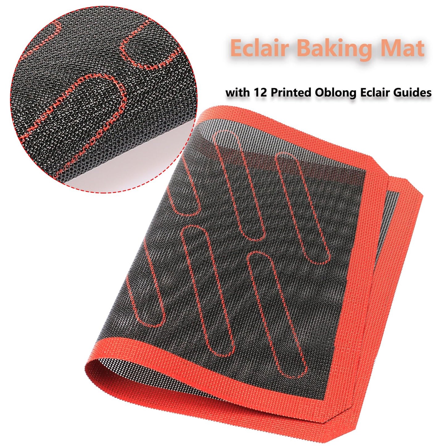 Perforated Silicone Baking Mats, 2 PCS Eclair Silicone Mat for Half Sheet with 12 Printed Oblong Eclair Guides, Non-Stick Reusable Oven Liners for Making Bread/Pizza/Pastry/Cookie 11-4/5" x 15-3/4"