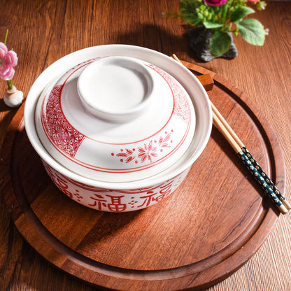BOSILI Ceramic Ramen Bowl with Lid, 6.4 Inch 26 oz Red and White Porcelain Ramen Bowl with Chinese Fu Character Pattern, Traditional Asian Serving Bowl for Soup, Rice, Noodles