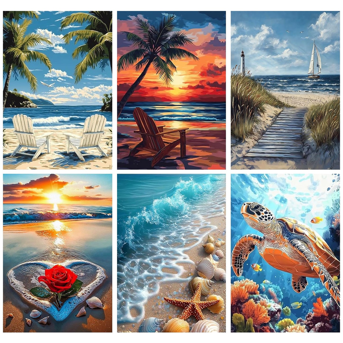 PHANTASYART 6 Pack Paint by Numbers Kit for Adults Beginners-Beach Adult Paint by Numbers,Easy Landscape Canvas Paint by Numbers for Adults,DIY Acrylic Paint Kit for Gifts Home Decor 8x12inch