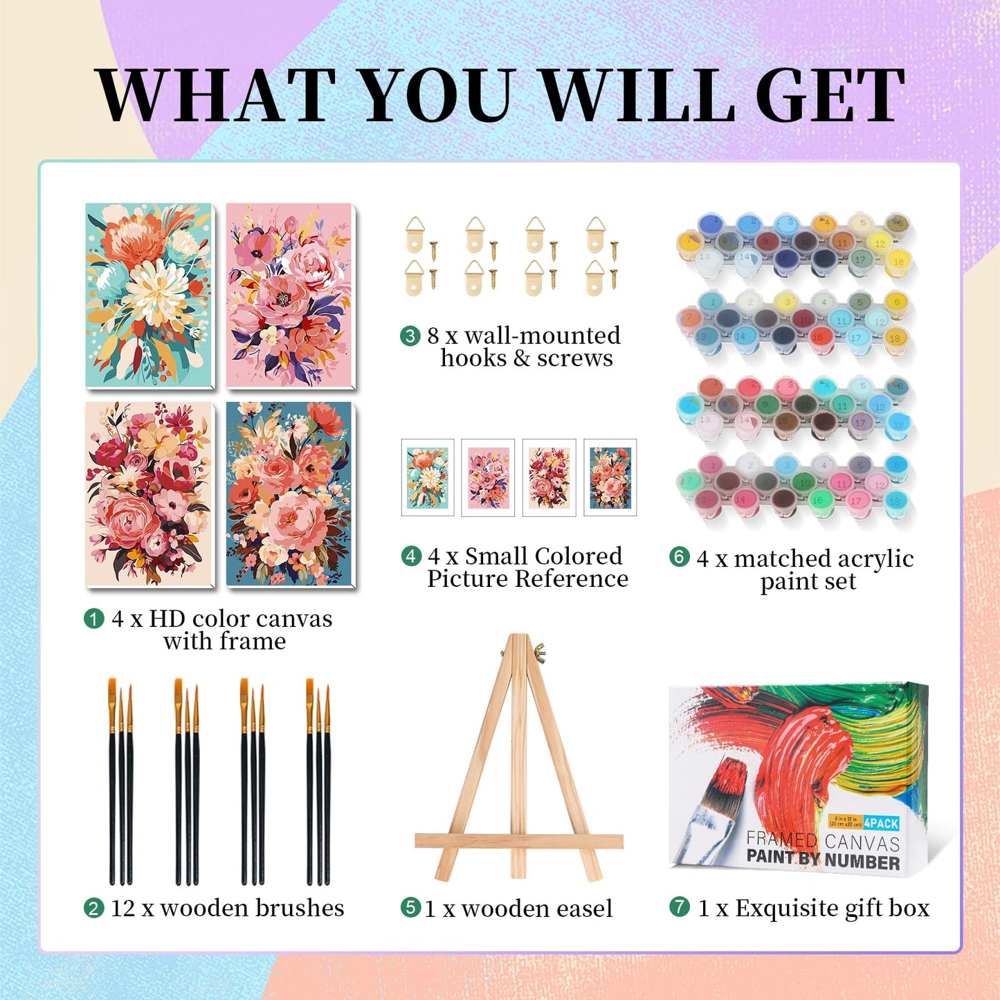 4 Pack Framed Paint by Numbers Kit for Adults with Wooden Easel, Flowers Paint by Numbers with Frame for Beginner, Flowers Adult Paints by Number Kits on Canvas Framed for Wall Decor 8 x 12 Inch