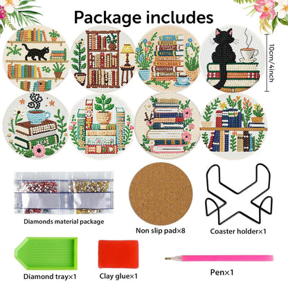 Zythron 8 Pcs Bookshelf Diamond Art Coasters Books Diamond Painting Coasters Kits DIY 5D with Holder with Holder Cork Pads DIY for Beginners, Adults, Diamond Art Kits Crafts Supplies 4x4 in