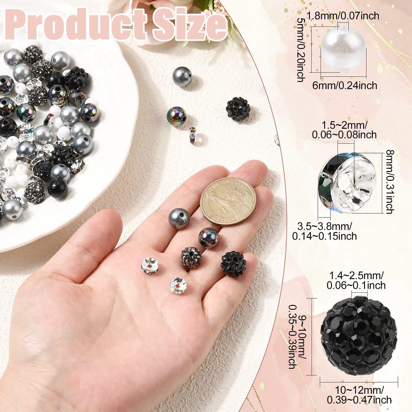 KitBeads 200 Pcs Black DIY Beads Findings Kits Brass Rhinestone Polymer Clay Bubble Rondelle Beads for DIY Craft Jewelry Making Bracelets Earring Keychains Pens Crafts