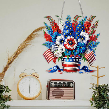 LPDJITO 5D Patriotic Diamond Art Hanging Kits for Adults, Flowers Diamond Painting Flowers Pendant Kits, Special Shape USA Flag Gem Art Suncatcher Ornament for Home Window Wall Decor