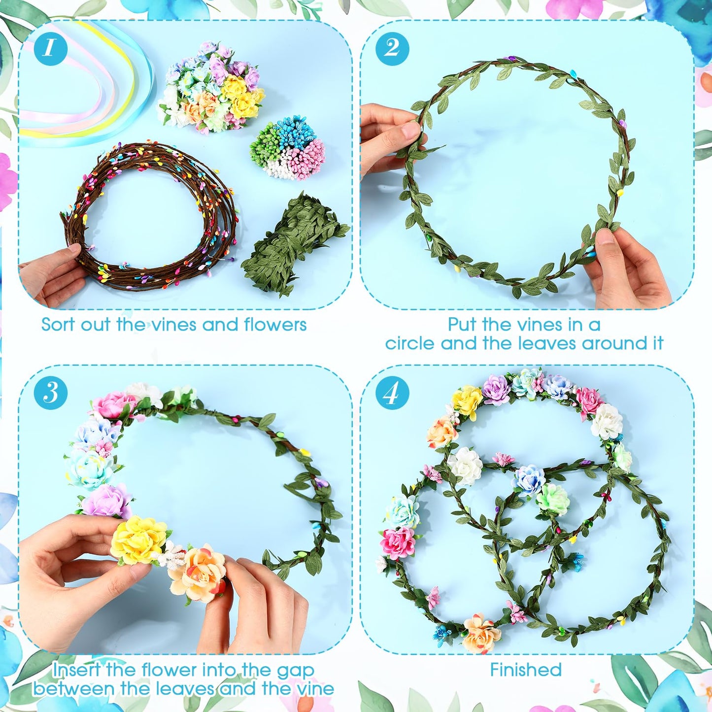 Zeyune 20 Sets Summer Tea Party Favor Flower Crowns Making Kit, Make Your Own Flower Crown Wreath Garland Headbands Craft Kit Handmade DIY Fairy Floral Hair Accessories Gift for Women(Blooming Rose)