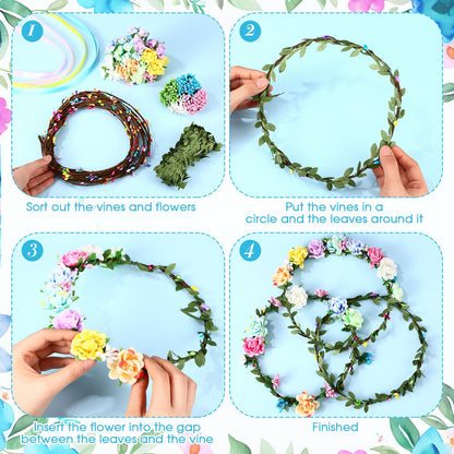 Zeyune 20 Sets Summer Tea Party Favor Flower Crowns Making Kit, Make Your Own Flower Crown Wreath Garland Headbands Craft Kit Handmade DIY Fairy Floral Hair Accessories Gift for Women(Blooming Rose)