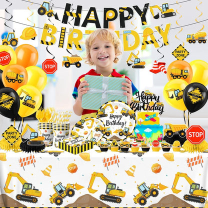 Construction Birthday Decorations,245PCS Construction Birthday Party Supplies-Includes Plates Napkins Cups Banner Balloons Tablecloth and Cake Toppers for Kids TruckTheme Celebration Tableware