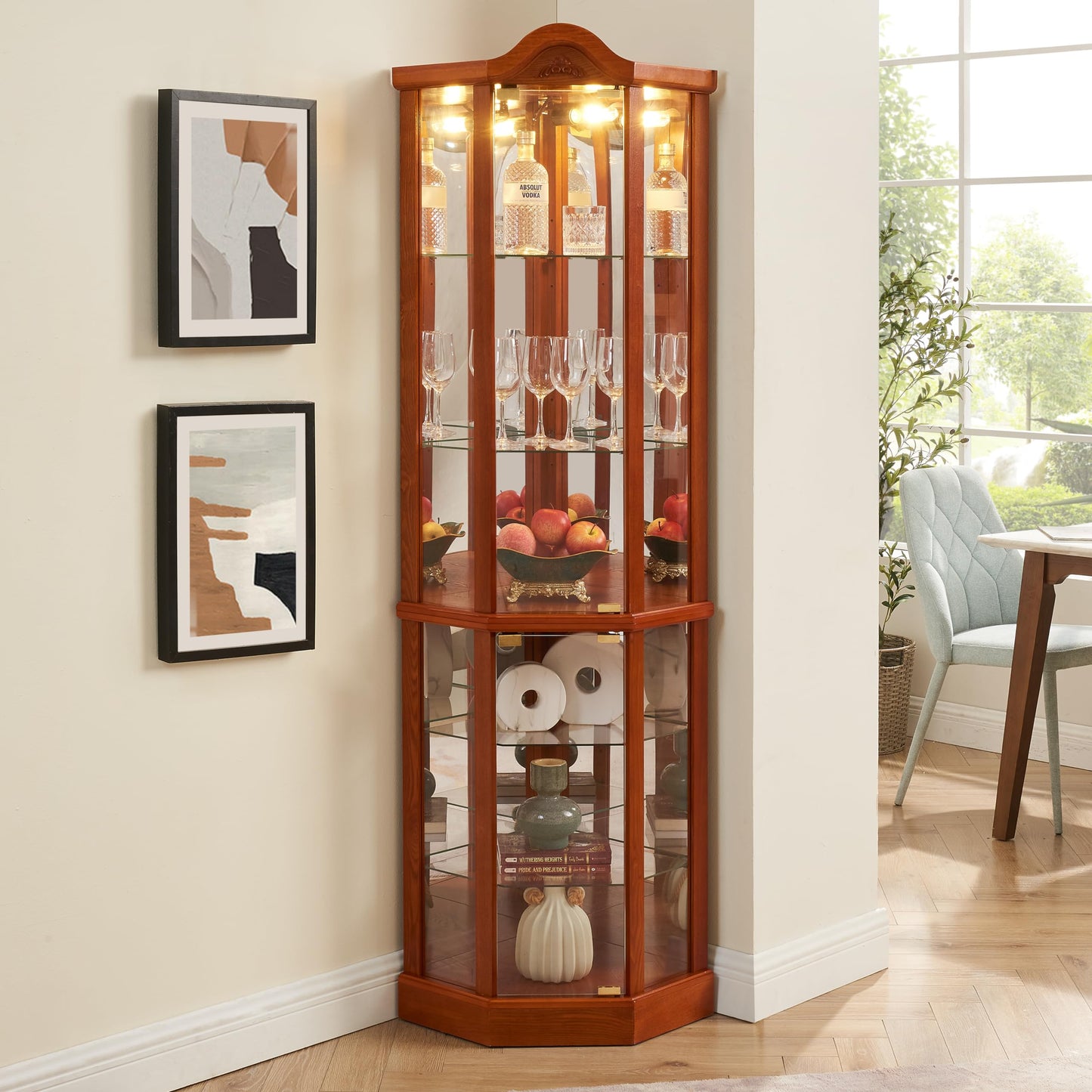 KEIKI 72" Corner Glass Display Cabinet with Adjustable Shelves, for Collectibles, Storage Curio Cabinet with Arched Floral Carving Decoration, 6-Tier Showcase Display Case, for Living Room, Oak