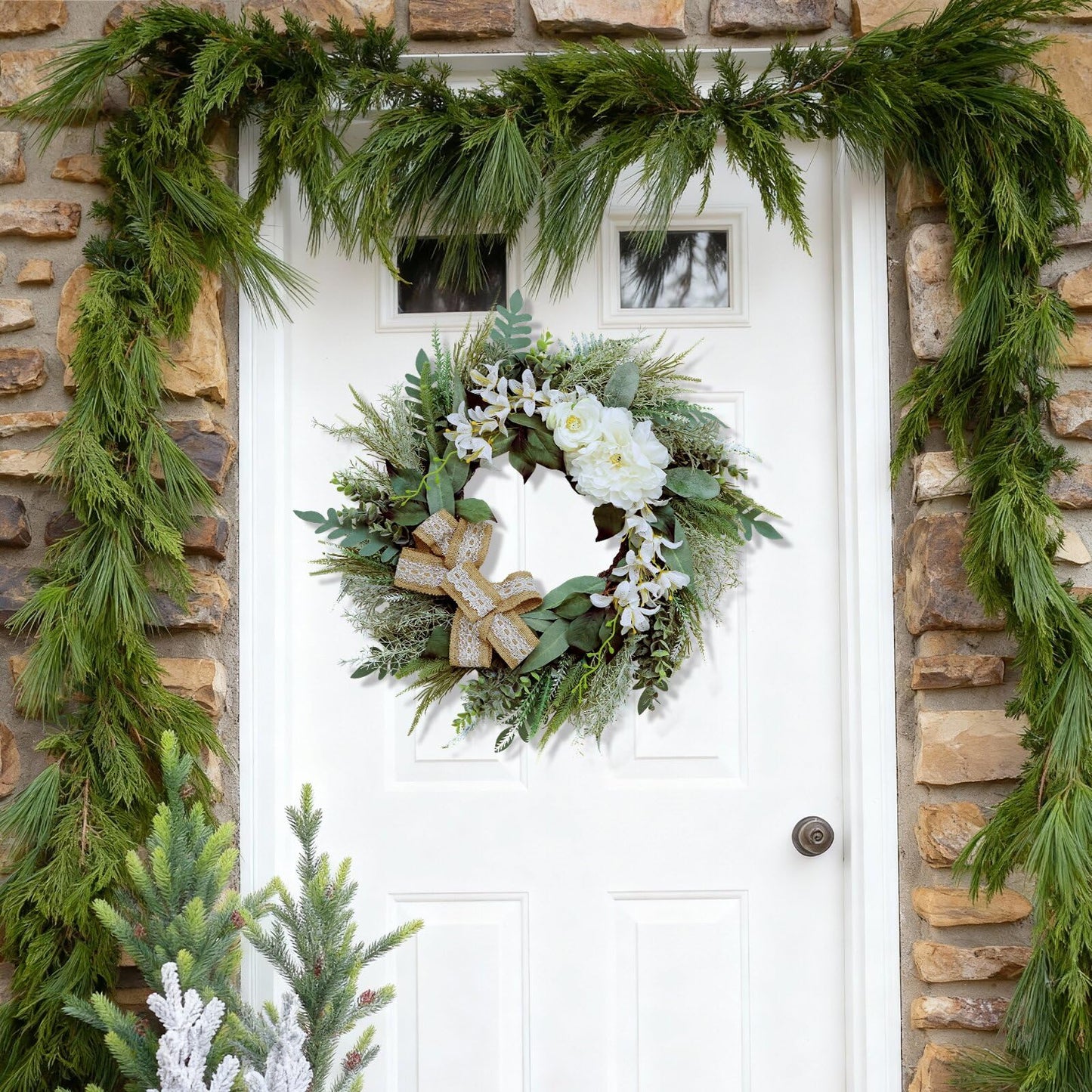 Petalivebioom 22 Inch Lace Bow Eucalyptus Front Door Wreath, Artificial Elegant Greenery Wreath, Weather Resistant Farmhouse Outdoor Indoor Porch Wall Wedding Home Decor