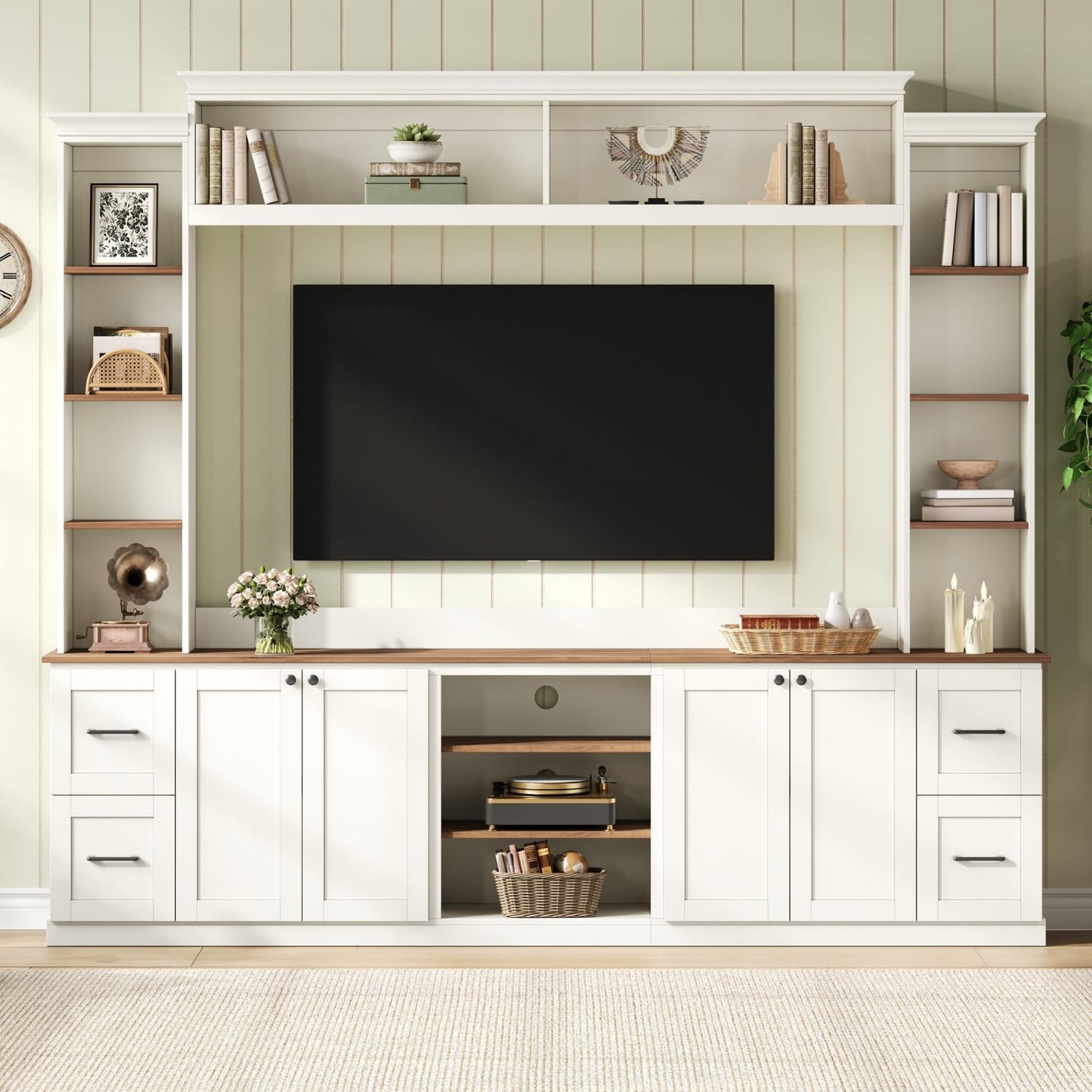 Ball & Cast 94.8" Entertainment Center Wall Unit with Bookshelf for TVs Up to 70",Farmhouse Large TV Stand with Walnut Adjustable Shelves,Retro Media Console with 4 Drawers for Living Room,White