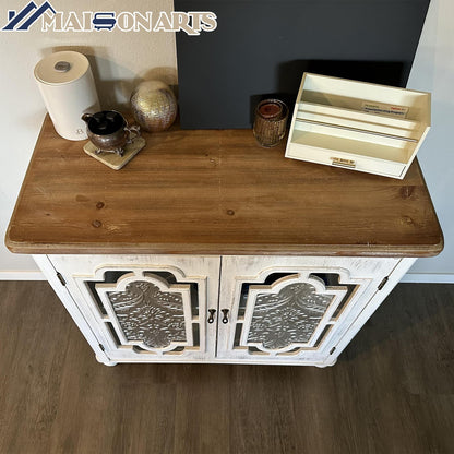 MAISON ARTS Accent Cabinet with 2 Doors, Farmhouse Decorative Storage Cabinet with Solid Wood Frame & Legs for Living Room Entryway Small Sideboard Buffet Cabinet, Metal Embossing Pattern