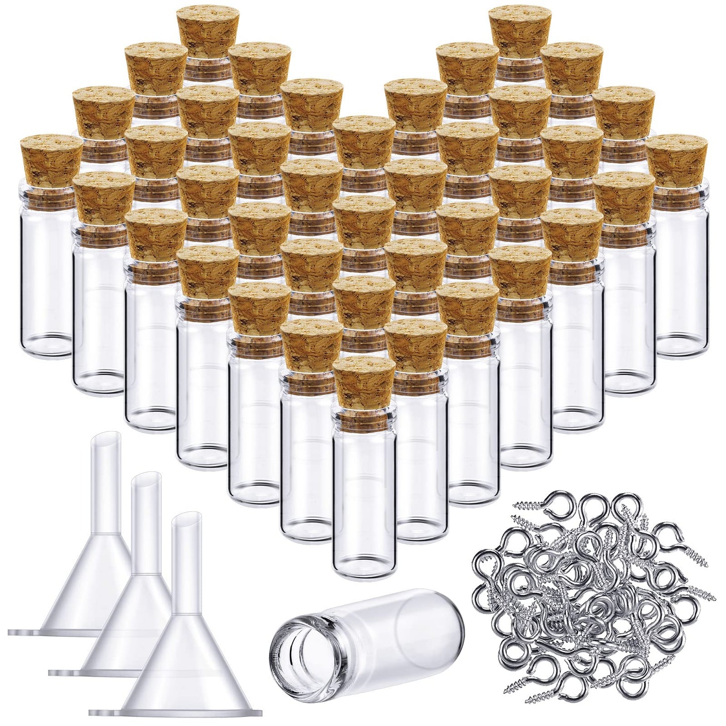 Yungyan 50 Pieces Small Mini Glass Bottles Jars with Cork Stoppers Set, Tiny Cork Glass Bottles with Eye Screws and Small Funnel for Decoration, Art Crafts, DIY Projects, Party Favors(5ml)