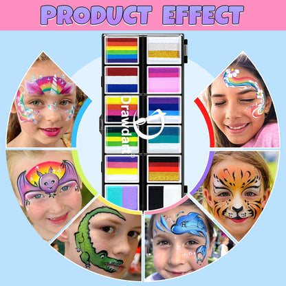Drawdart Professional Face Painting Kit for Kids Adults, Split Cake Face Paint Palette 12 x 10gm with Stencil, One Stroke Non Toxic Rainbow Face Body Paint Set Festival Makeup