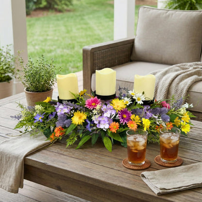 Lnymura 26 Inch Spring Summer Centerpiece with 3 Candle Holders Floral Table Centerpiece with Daisies and Wildflowers for Dining Table Mantel Wall and Farmhouse Table Decoration