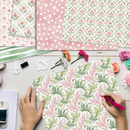 MerwDeeyt Scrapbook Paper 12x12 In and 6x6 In Pack, Spring Floral Patterned Paper for Scrapbooking, 48 Sheets Double Sided Decorative Craft Papers for Card Making Journaling Decor (Green)