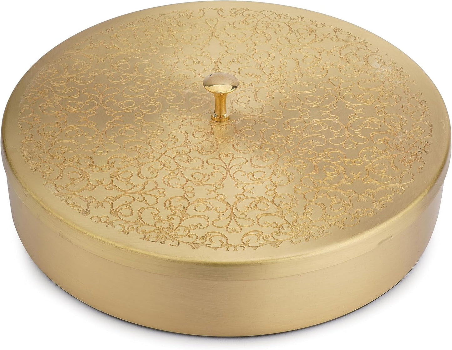 7 1 Ajuny Handcrafted Brass Spice Box Golden with Embossed Lid - Decorative Round Masala Canister Removable Spice