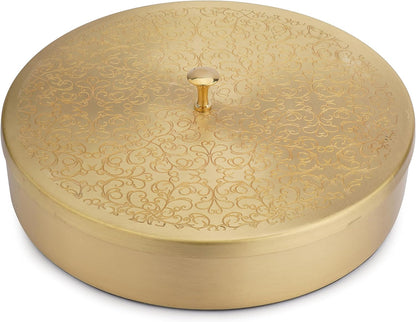 7 1 Ajuny Handcrafted Brass Spice Box Golden with Embossed Lid - Decorative Round Masala Canister Removable Spice