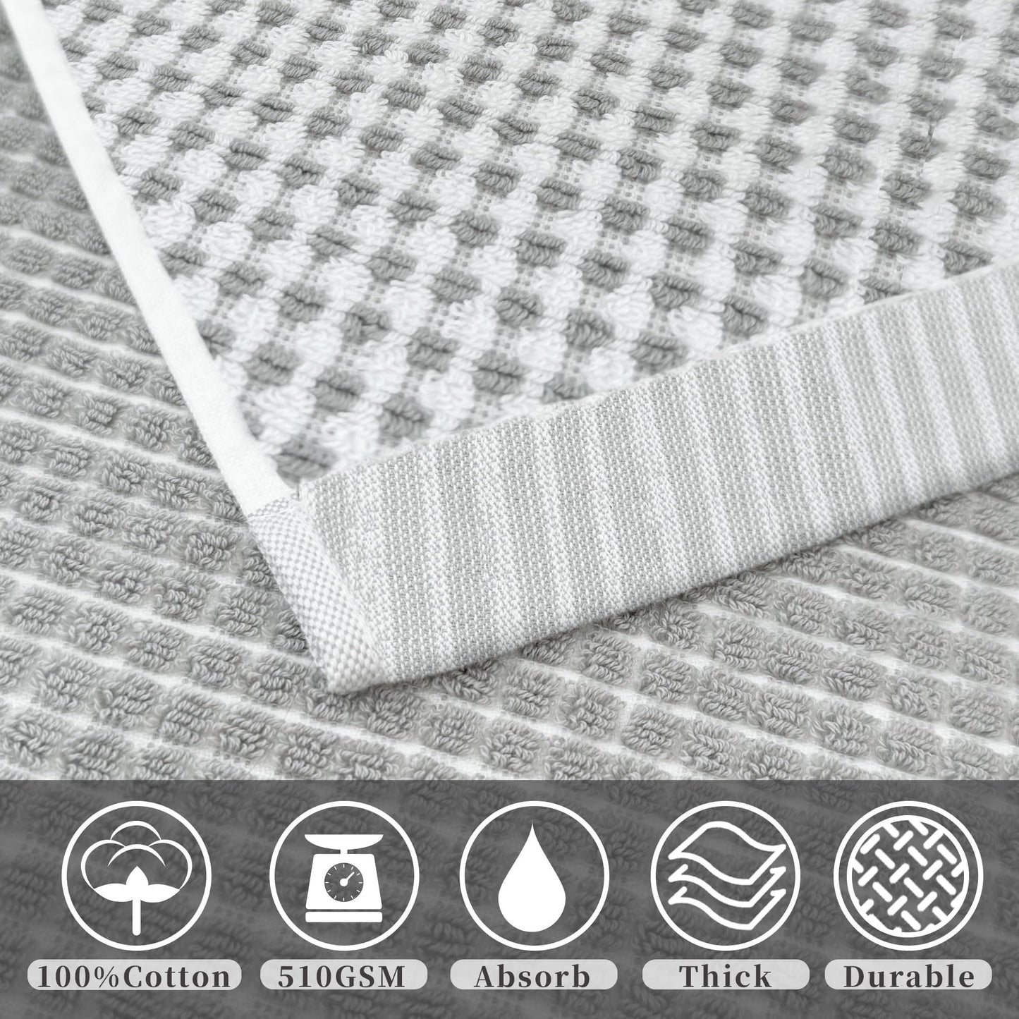 VOOVA & MOVAS 100% Cotton Waffle Large Hand Towels 4PC – Luxury Hand Towels with Hanging Loop 20"x30" | Soft | Absorb | Quick Dry | Lightweight, Durable Bathroom Essentials, White and Gray Waffle