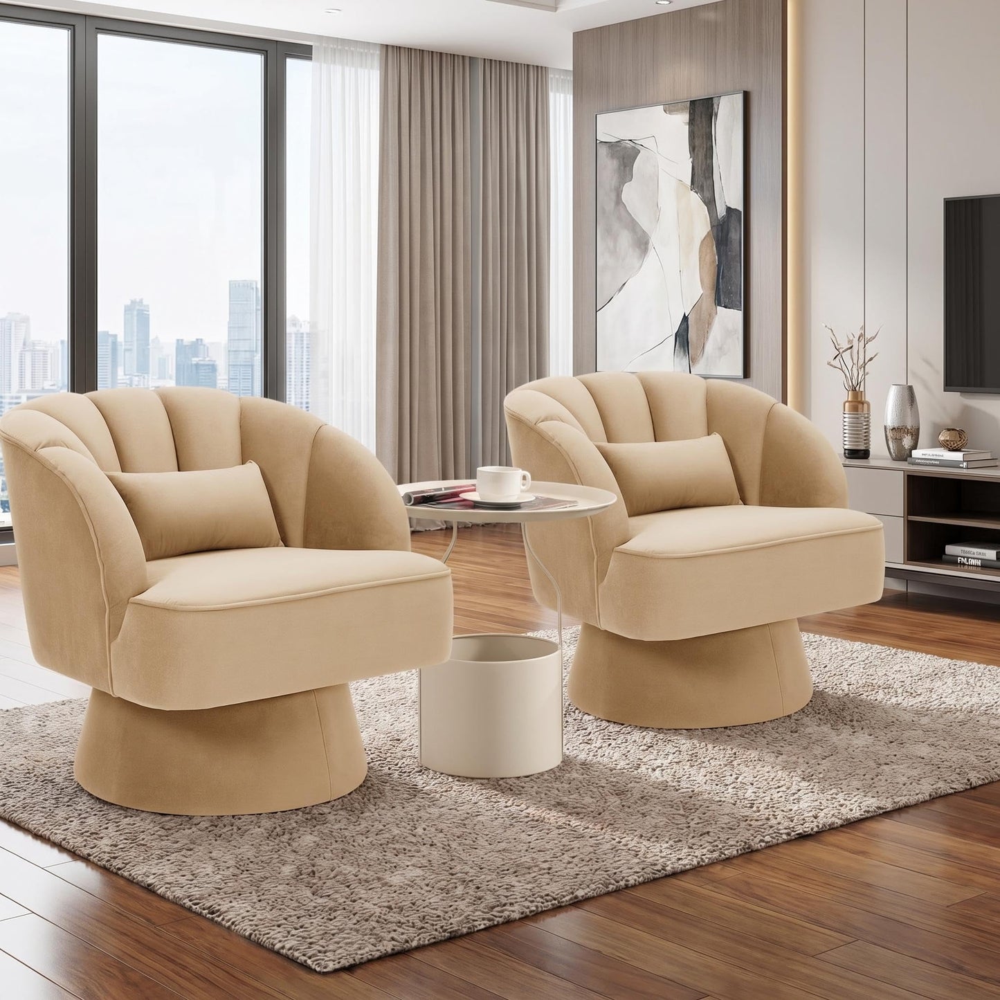 GarveeHome Modern 360° Swivel Velvet Barrel Accent Armchair – Striped Backrest & Plush Padding, Comfy Round Lounge Chair for Living Room, Bedroom, Reading Nook