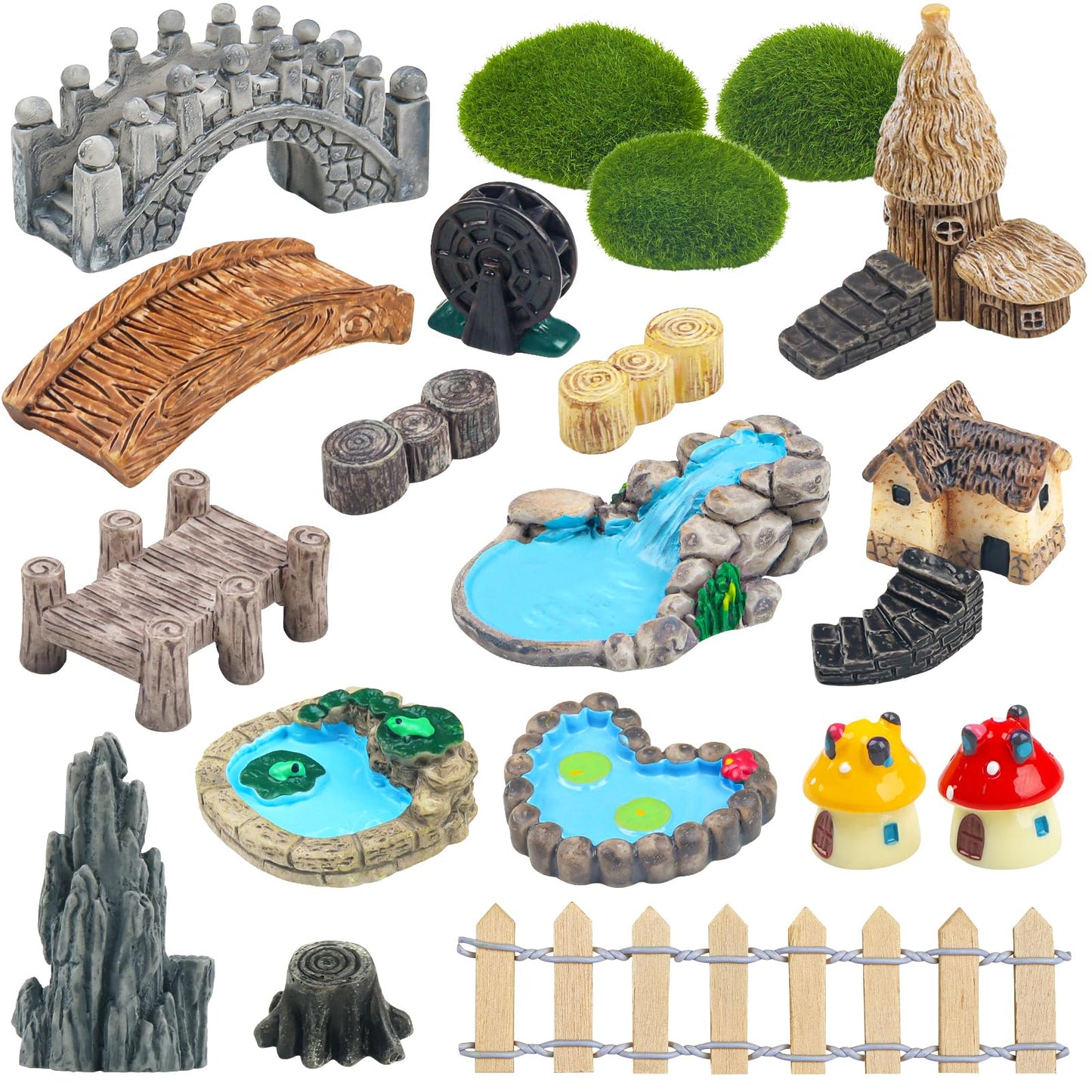 QUOZUO 21 Pcs Fairy Garden Miniatures Accessories Bridge House Landscape Water Well Fence Figurines Pond Mushroom Lawn Garden Ornament for DIY Craft Succulent Decor