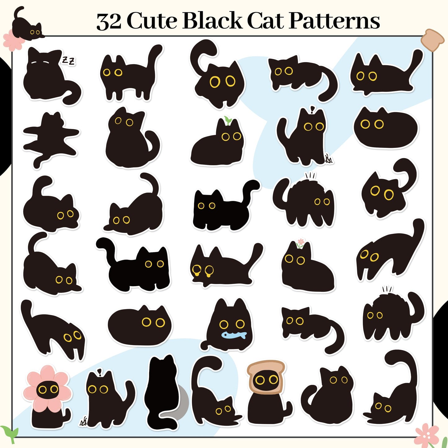 DSjuedui Black Cat 4 Roll Stickers - 2000Pcs Funny Cute Cartoon Meme Decorative Decals for Girls Boys Water Bottles Guitar Skateboard Laptop Kids Rewards Home Decor Birthday Gifts Party Favor Supplies