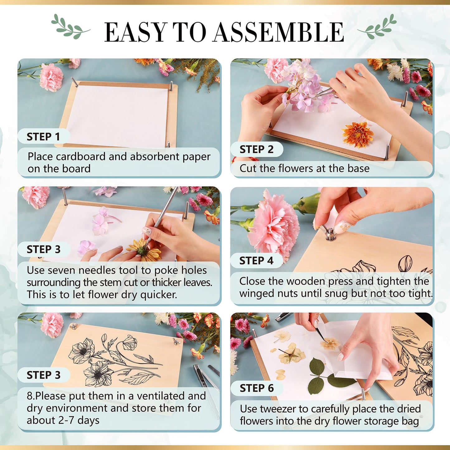 Aboofx Large Flower Press Kit for Adults,10.8"x6.9" 6 Layers Wooden Flower Pressing Kit for Pressed Flowers Herbs Leaf, DIY Flowers Preservation for Bookmark Wedding, Art & Craft Kits Gift for Adult