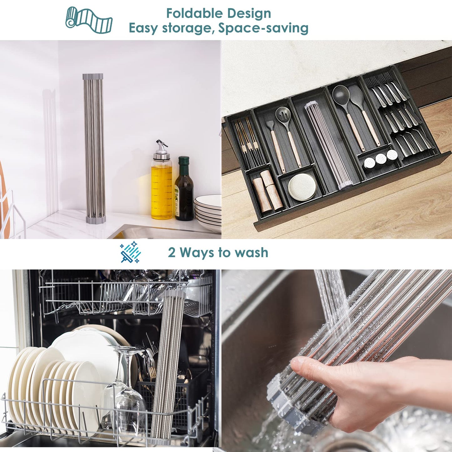Tomorotec Roll Up Dish Drying Rack Over The Sink Grey Large Dish Drying Rack Rolling Foldable Collapsible SUS304 Stainless Steel Multipurpose Dish Drainer for Kitchen Counter (21”x15.7”)