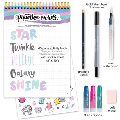 Faber-Castell Learn Galaxy Lettering: 40+ Page Calligraphy Practice Book with Art Crayons, Water Brush & More, Screen-Free Art Gift for Kids, Tweens & Beginners (Ages 8+)