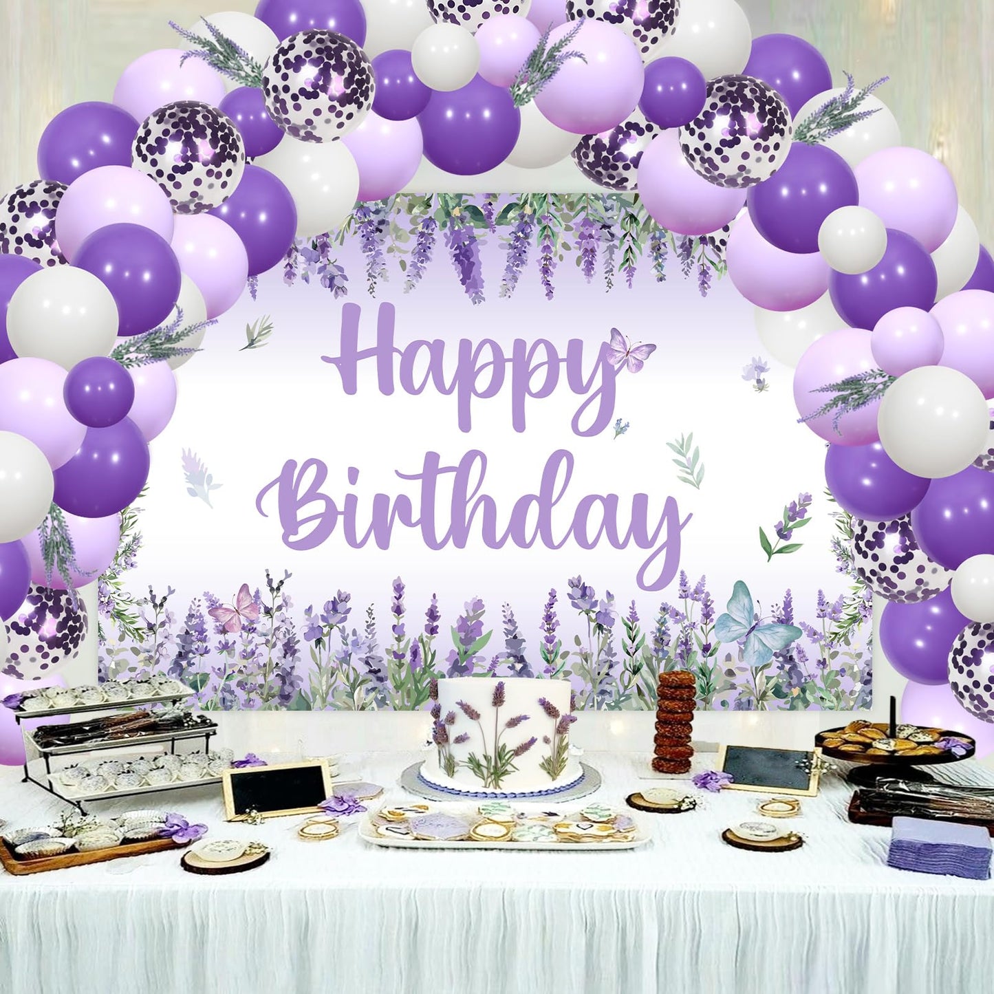 JOYMEMO Lavender Birthday Balloons Arch Kit, Purple Lavender Floral Butterfly Happy Birthday Backdrop Banner Artificial Flowers Decorations for Girls Women Bday Party Decor Supplies