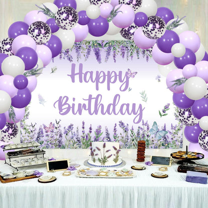 JOYMEMO Lavender Birthday Balloons Arch Kit, Purple Lavender Floral Butterfly Happy Birthday Backdrop Banner Artificial Flowers Decorations for Girls Women Bday Party Decor Supplies