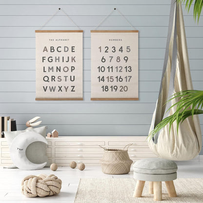 16 24 Inch Bon et Beau x Embroidered Alphabet Poster Framed with Wood Hanger - Neutral Gray Wall Decor for Boys