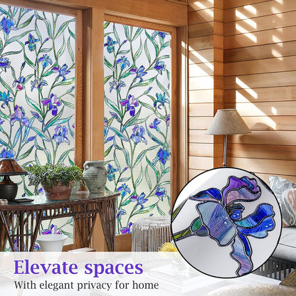 Coavas Stained Glass Window Privacy Film, 3D Violet Flower Static Cling Decals, 17 x 118.1 Inch, Bathroom Sun Heat