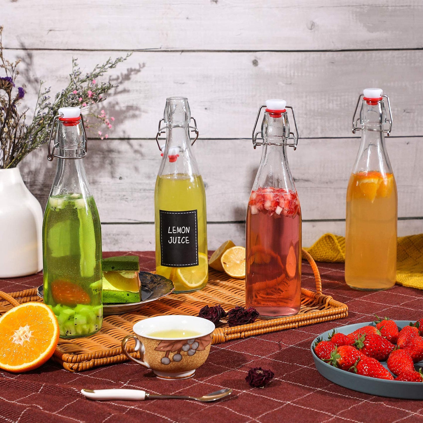 8 Set 16 OZ Swing Top Glass Bottles - Flip Top Beer Brewing Bottles with Stopper for Fermentation, Kombucha, Mead Kefir, Vanilla Extract, Juice, Tea, Wine, Soda - Airtight Cap Lids, Bonus 2 Pourers