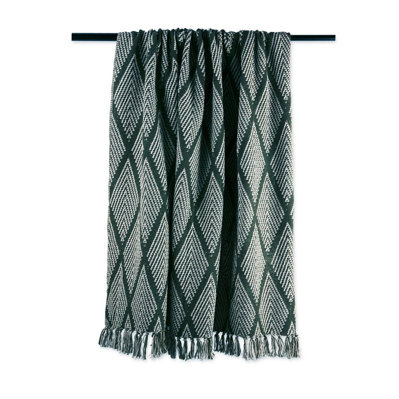 DII Diamond Throw Collection Fringed Woven Cotton Blanket, 50x60, Olive Green